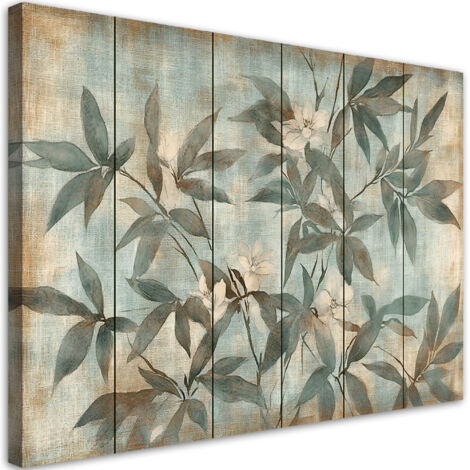 Tableau déco feuilles et tiges sur fond pastel 100x70