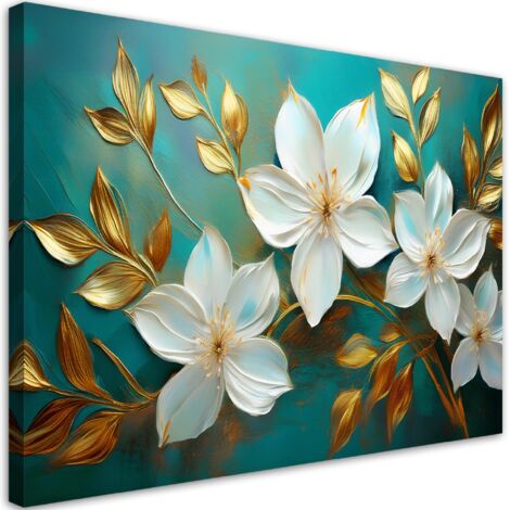 Tableau déco Fleurs blanches Feuilles d'or Turquoise 100x70