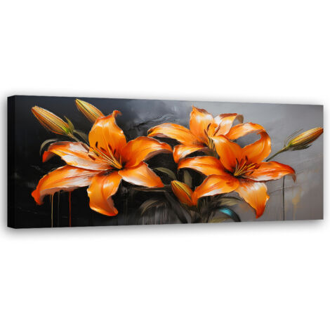 Tableau déco Fleurs de lys orange 90x30