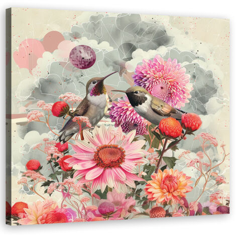 Tableau déco Fleurs et oiseaux colorés 40x40