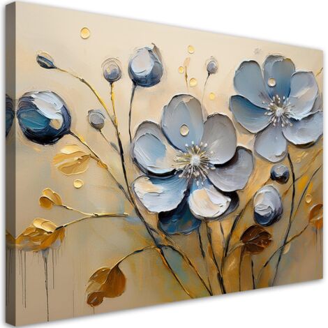 Tableau déco Fleurs Feuilles Gris Peint 90x60