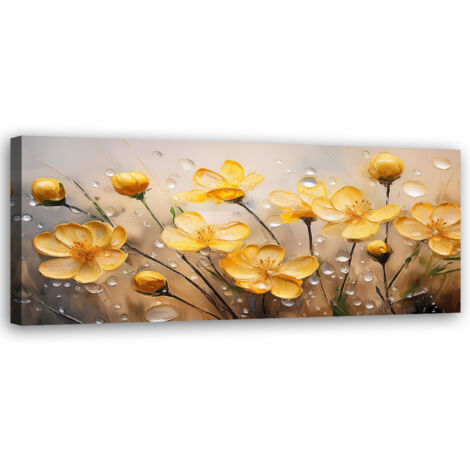 Tableau déco Fleurs jaunes Plantes Gouttes de rosée 90x30