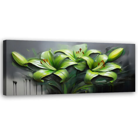 Tableau déco Fleurs peintes abstraites de lys verts 90x30