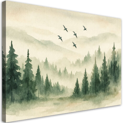 Tableau déco Forêt Montagnes Oiseaux Aquarelle Vert Nature 100x70