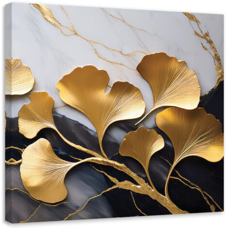 Tableau déco Ginko Botanique Fleurs Marbre Gris Or 60x60