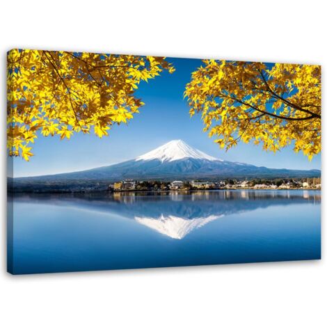Tableau déco JAPONAIS Montagne FUJI feuilles jaunes 60x40