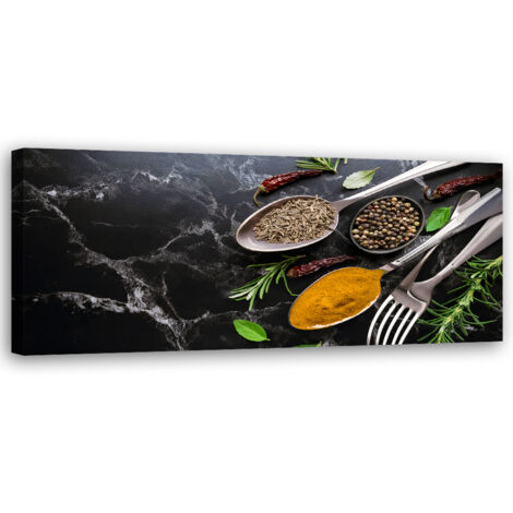 Tableau déco Marbre Épices Coutellerie de cuisine 90x30