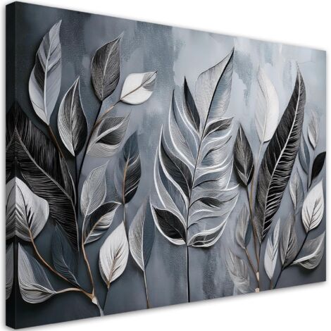 Tableau déco Minimalisme Argent Feuilles Nature Botanique 100x70