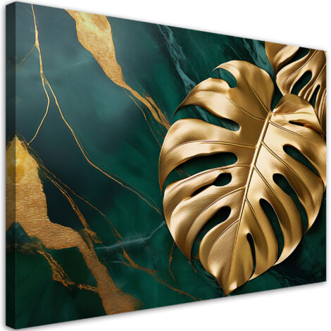 Tableau déco monstera feuille d'or sur fond de marbre vert 100x70