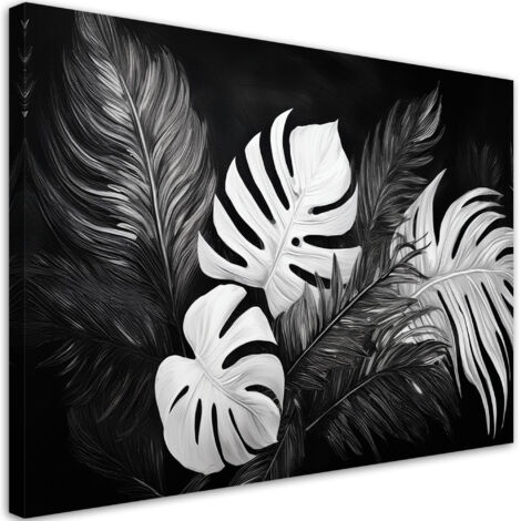Tableau déco Monstera Feuilles Noir et Blanc 60x40