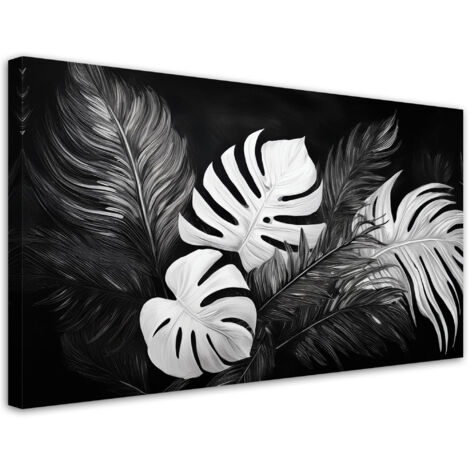 Tableau déco Monstera Feuilles Noir et Blanc 80x40