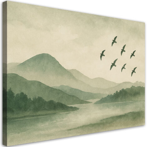 Tableau déco Montagnes Rivière Oiseaux Aquarelle Vert Brume 100x70