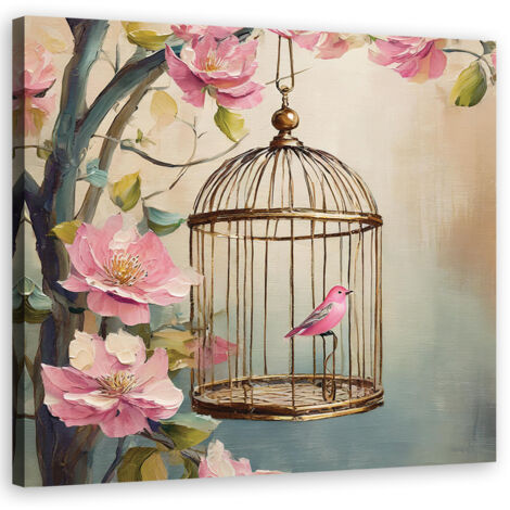 Tableau déco Oiseau Shabby Chic Fleurs 50x50