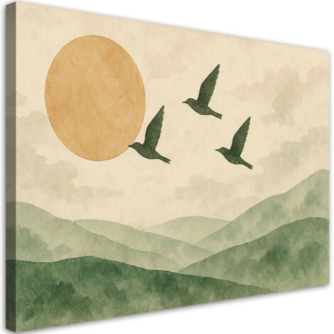 Tableau déco Oiseaux Montagnes Aquarelle Vert Beige 60x40