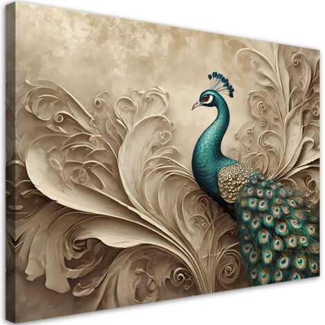 Tableau déco Paon Oiseau Animaux Beige 90x60