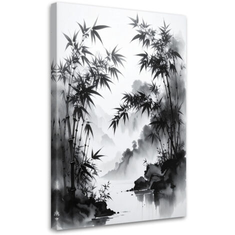 Tableau déco Paysage de feuilles de bambou noir et blanc 70x100