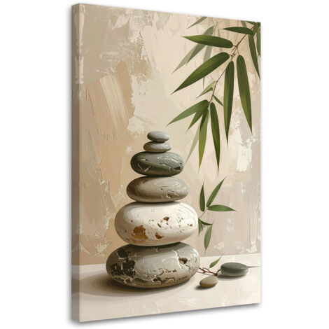 Tableau déco Pierres zen spa feuilles de bambou beiges 60x90
