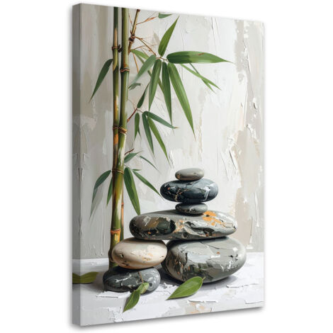 Tableau déco Pierres zen spa feuilles de bambou beiges 60x90