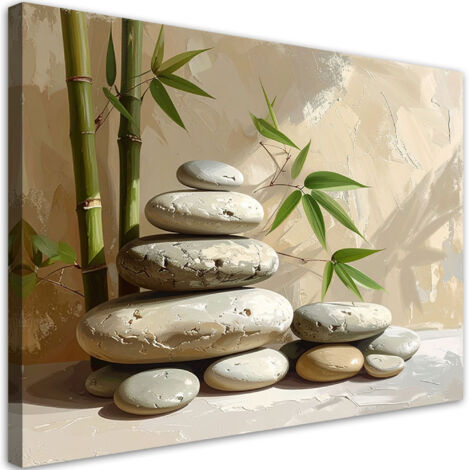 Tableau déco Pierres Zen Spa feuilles de bambou beiges 90x60