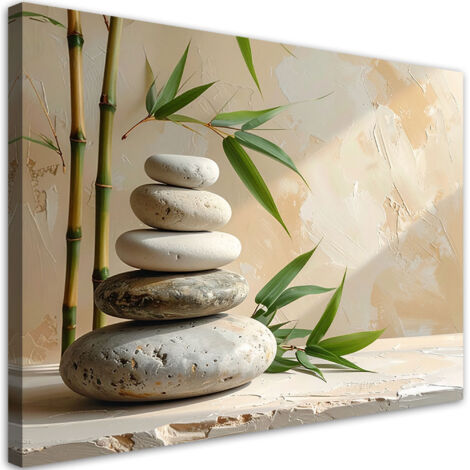 Tableau déco Pierres Zen Spa feuilles de bambou beiges 90x60
