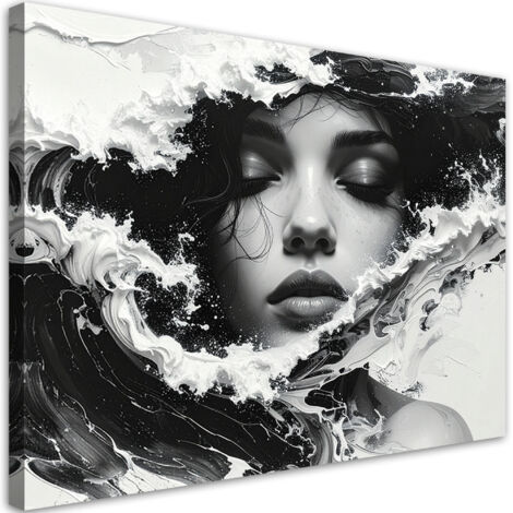 Tableau déco Portrait artistique en noir et blanc d'une femme avec des vagues de mer 90x60
