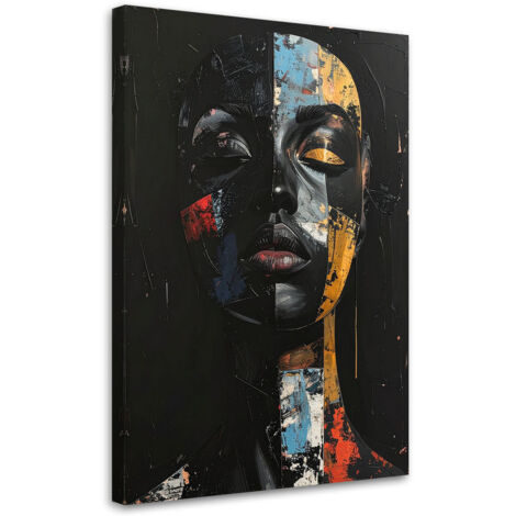 Tableau déco Portrait d'une femme abstrait sur fond noir avec des accents colorés 40x60