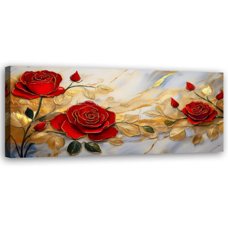 Tableau déco Roses Fleurs d'or Fond marbré 90x30