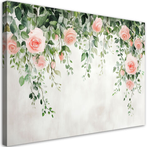 Tableau déco Roses suspendues fleurs feuilles vertes béton 60x40