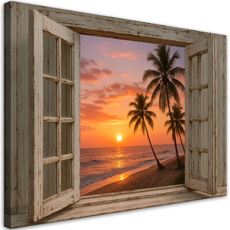 Tableau déco Vue depuis la fenêtre sur une plage au coucher du soleil et des palmiers 100x70