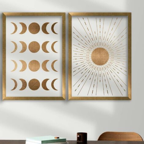 Tableau décoratif doré soleil et lune – cadre (set de 2)