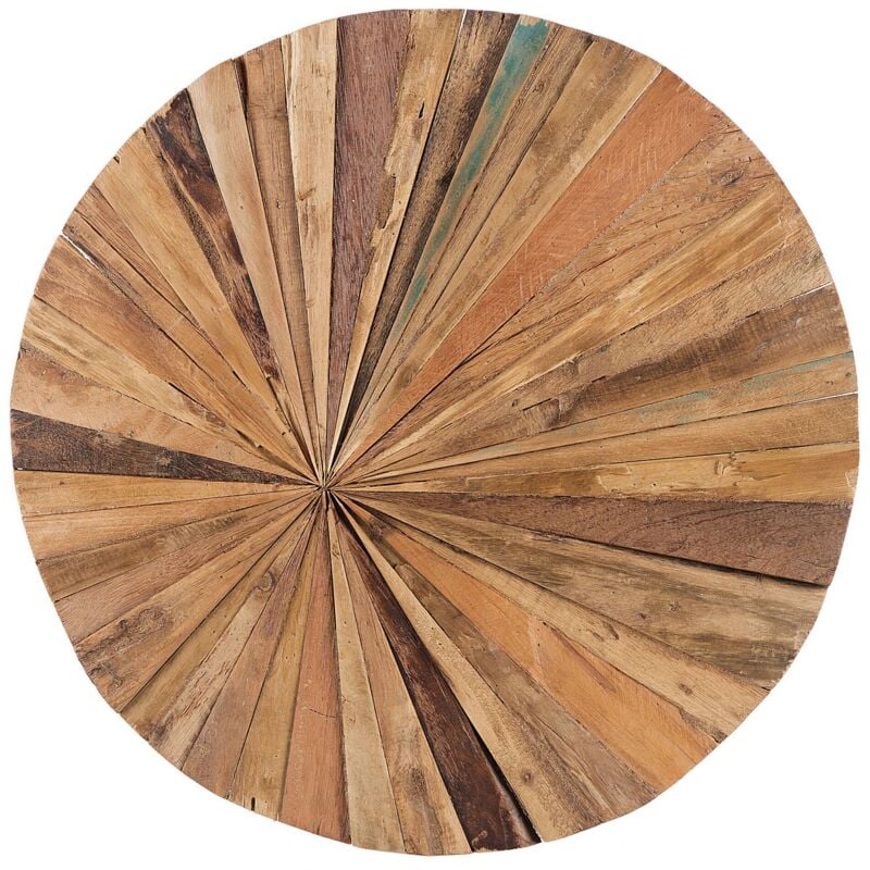Tableau Décoratif à Surface Ronde 85 cm de Diamètre en Bois de Teck Clair pour Salon Moderne et Bohème Beliani