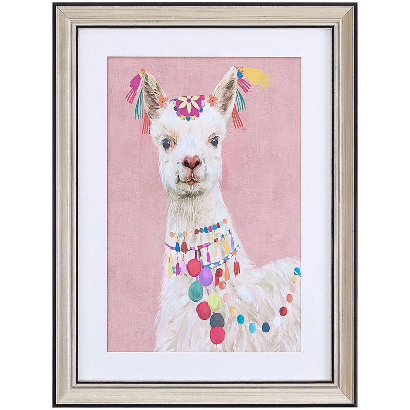 Tableau Affiche d'Art Motif Lama Blanc sur Fond Rose avec Cadre Assorti 30 x 40 cm Décoration Idéale pour Salon ou Chambre d'Enfant Beliani