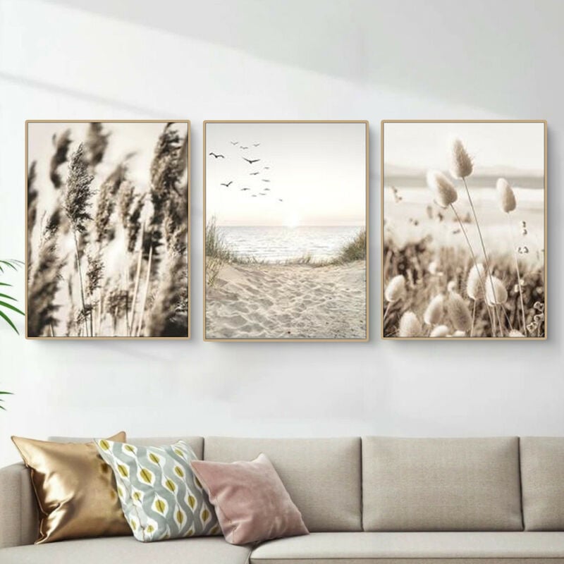 Csparkv - Tableau Décoration Murale 3x (30x42cm)Mindful Beige Beach sans Cadres - Set de Poster Premium pour la Maison, Bureau, Salon, Chambre, Cuisin