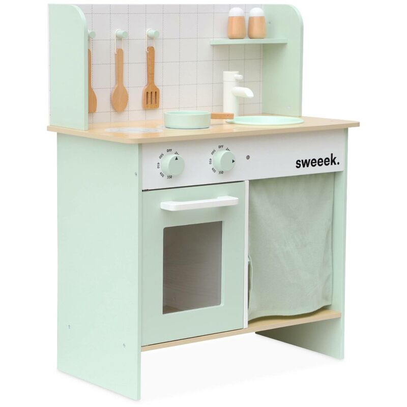 Cuisine en bois vert céladon cocotte pour enfant avec accessoires