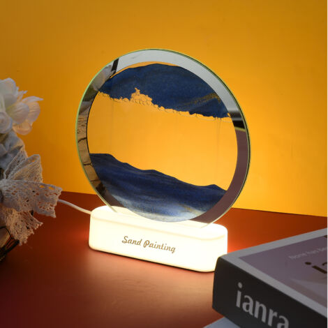 Tableau dynamique à sable - Cadre rotatif panoramique en verre avec base PS 16x19cm Bleu pour bureau et décoration intérieure