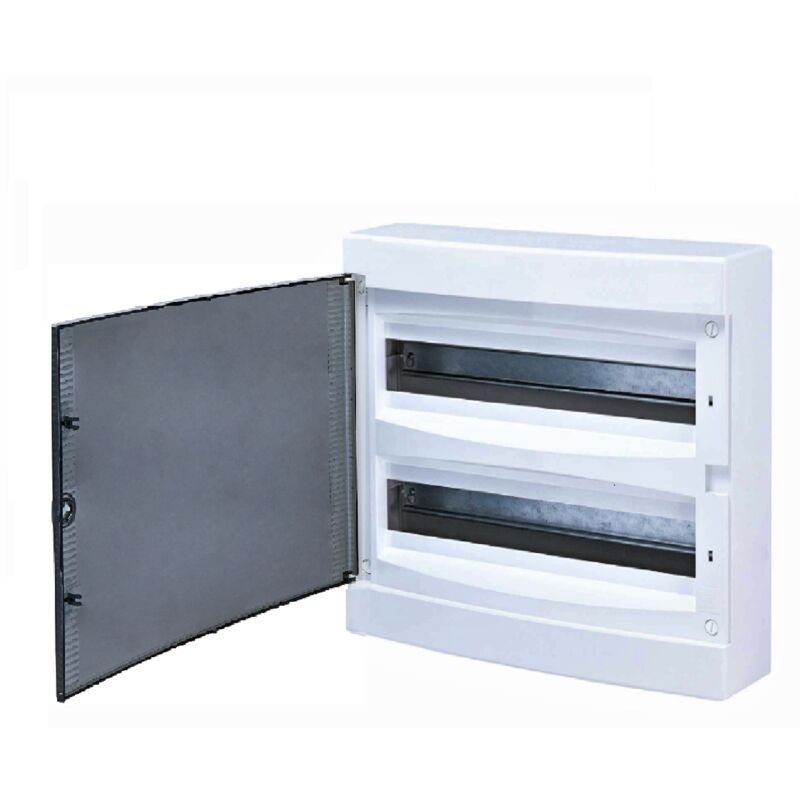 Tableau électrique Apparent 36 modules 2 rangées ( 2 x18 m ) avec porte Translucide Teintée + borniers Neutre- Phase - terres