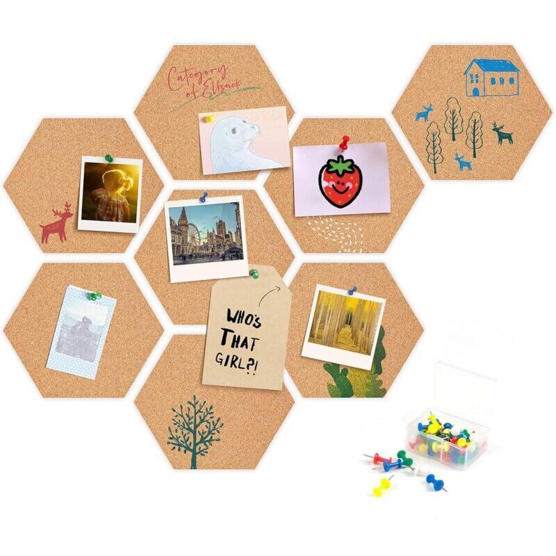 Tableau en liège, 8 tableaux d'affichage en liège autocollant Tableau en liège hexagonal avec punaises - pour accrocher des tableaux, décorations