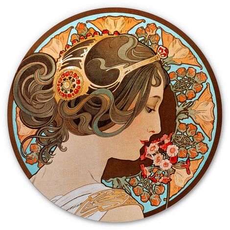 Tableau en métal Rond métallisé Primevère Art Nouveau Déco Fleurs Mucha Ø 30cm - marron