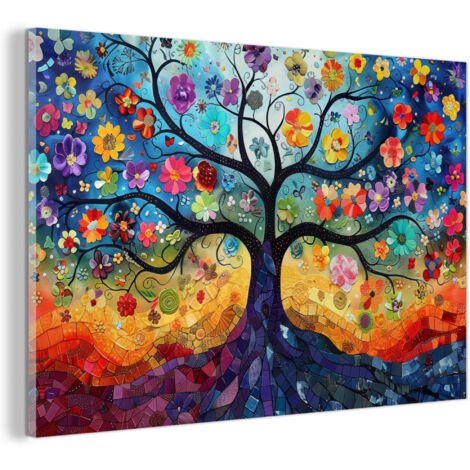 TABLEAU EN PLEXIGLAS Art - Arbre de vie - Fleurs - Hippie Décoration Salon 90x60