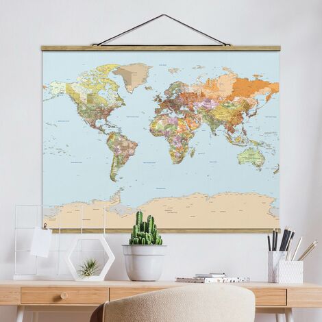 Tableau en tissu avec baguettes de suspension - Political World Map - Paysage 3:4 Dimension HxL: 37.5cm x 50cm Matériau: Chêne