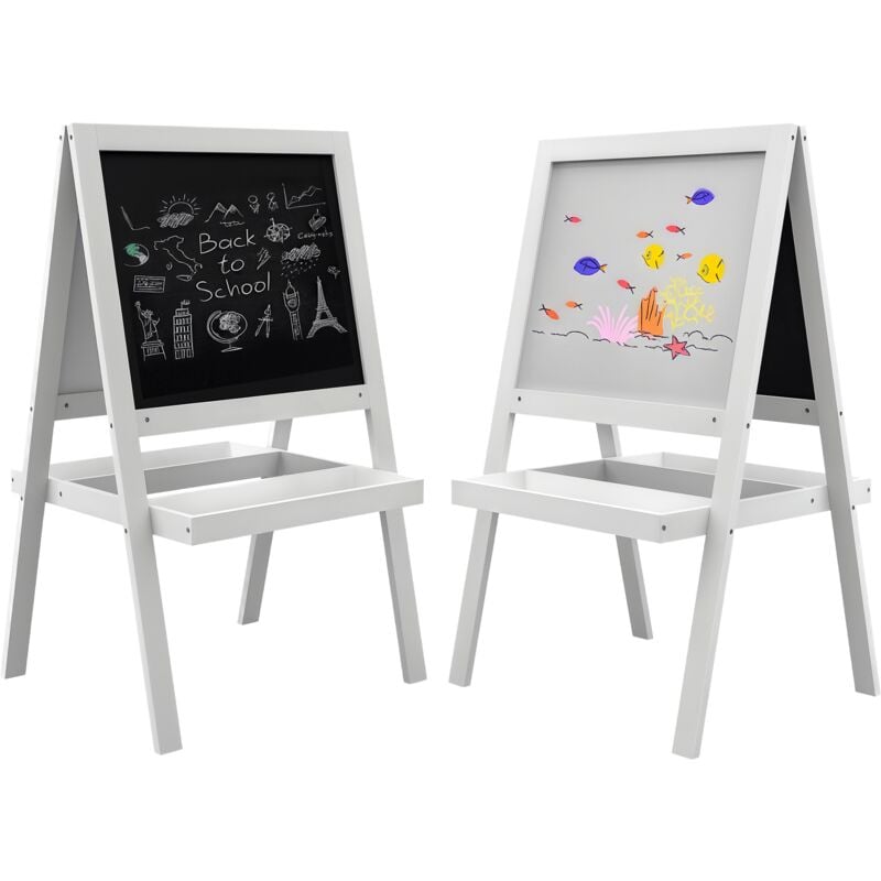 Tableau enfant double face - chevalet enfant - tableau blanc magnétique, tableau noir à craie - 2 paniers rangements - mdf blanc