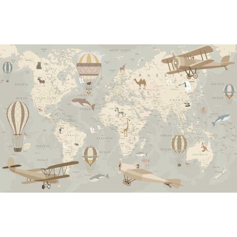 Tableau enfant carte du monde avions et montgolfières 80x50 cm – Impression sur toile intissé – Encre sans substances nocives – Hxadeco