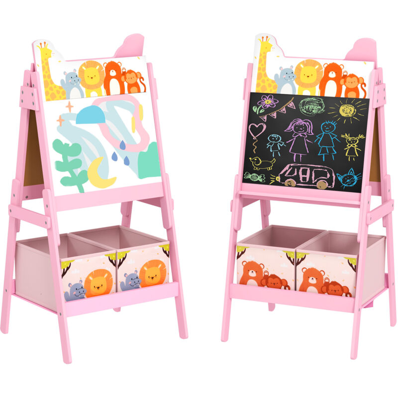 Tableau enfant double face tableau blanc et noir - 2 boites rangement incluses - mdf rose
