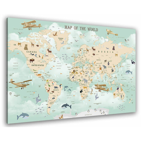 Tableau enfant map of animals world - 80x50 cm
