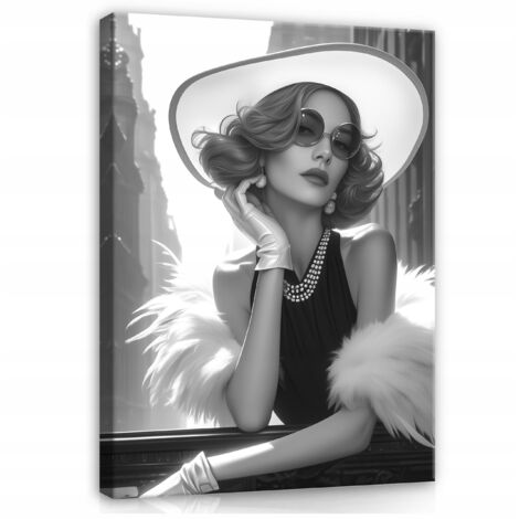 tableau femme avec chapeau noir et blanc sur toile pour chambre salon 60x40