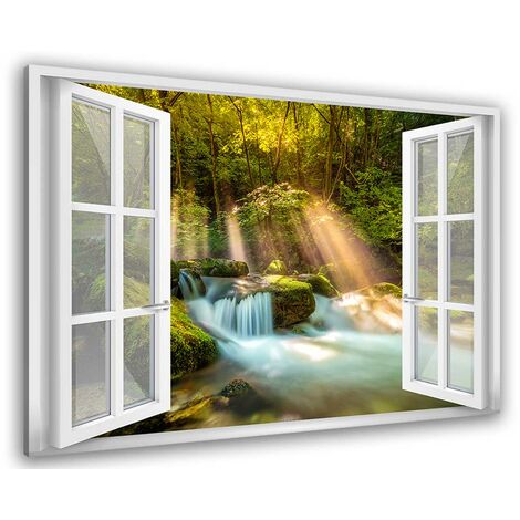 Tableau fenêtre Paysage Cascade en Forêt - Made in France - 80x50cm