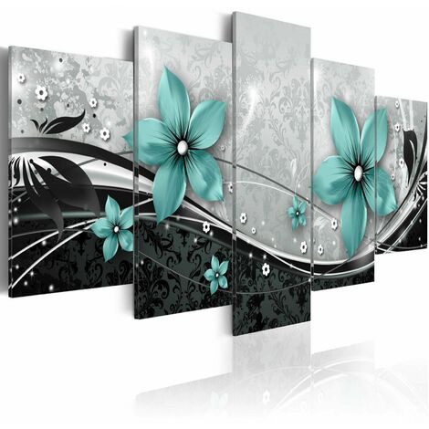 Tableau fleur turquoise de la nuit - Bleu, noir, gris