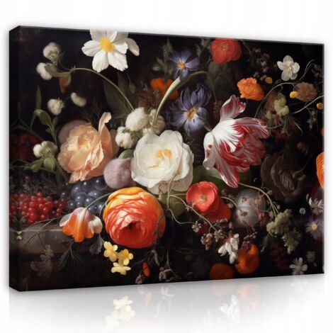 tableau fleurs pivoines fond noir sur toile mur chambre salon 120x80