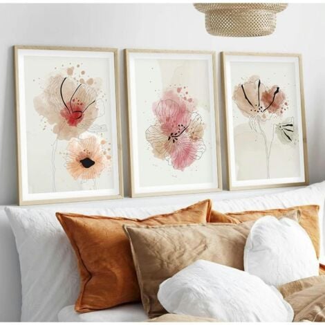 Tableau floral aquarelle rose et beige – lot de 3