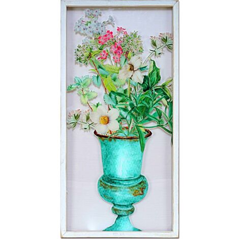 Tableau floral encadré en pvc effet bois ambiance nature - Vert vase fleurs blanches roses